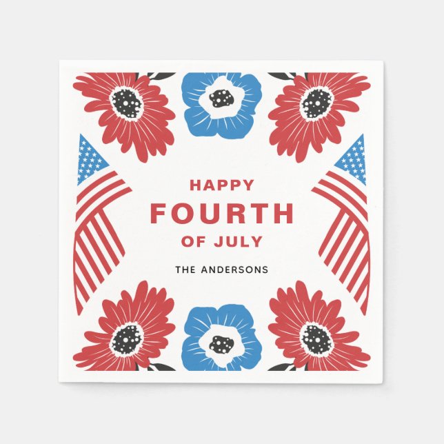 Red White und Blue Florals Happy Amerikanische Una Serviette (Vorderseite)