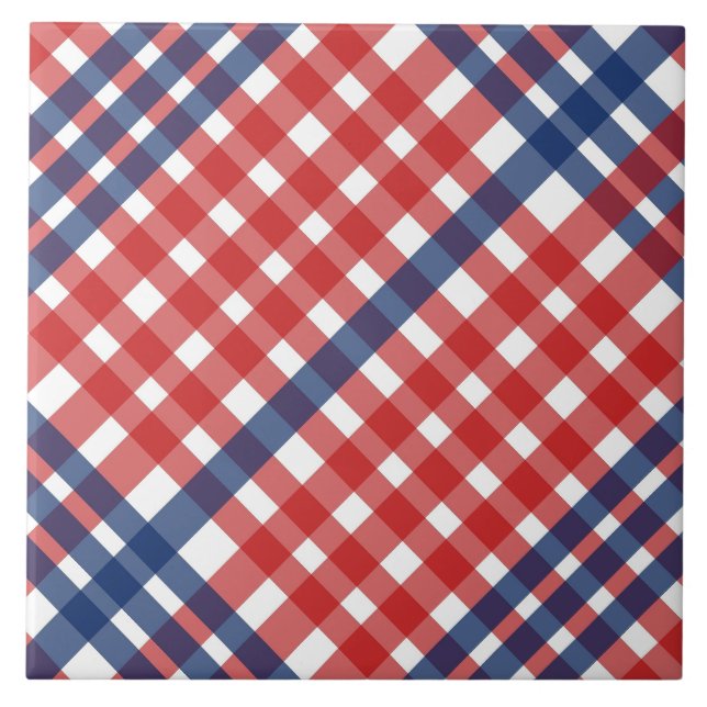 Red White und Blue Gingham Kariert Fliese (Vorderseite)