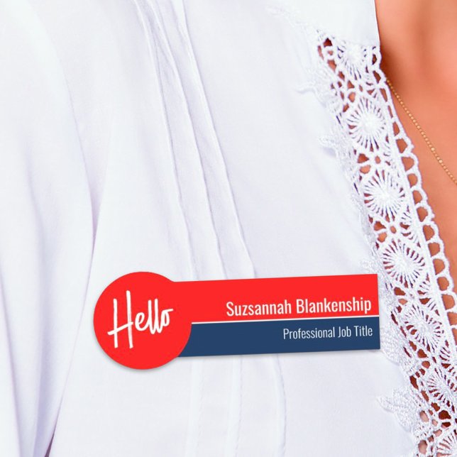 Red White und Blue Hello Custom Namensschild (Hello on red and blue name tag)