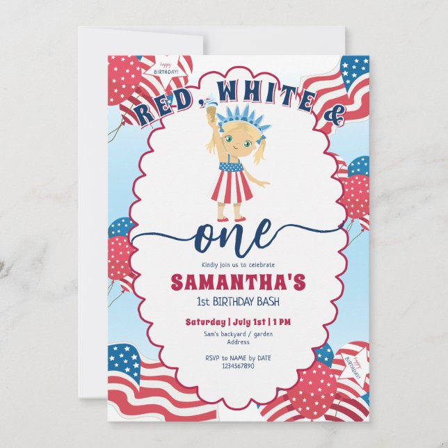 Red White und One Patriotic Niedlich Girl 1. Gebur Einladung (Vorderseite)