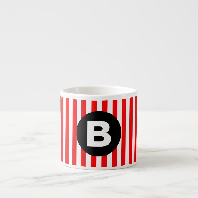 Red White Vertical Stripes Black Monogram Espressotasse (Vorderseite)