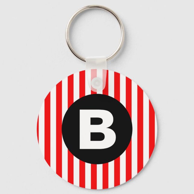 Red White Vertical Stripes Black Monogram Schlüsselanhänger (Vorderseite)