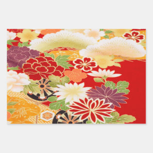 Red White Vintag Japanisch Kimono Blumendekoupage Geschenkpapier Set