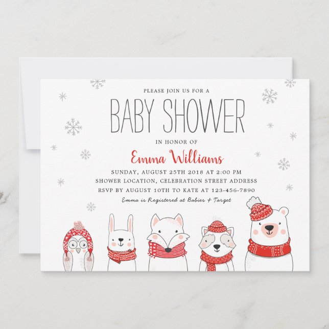 Red White Winter Snow Woodland Tiere Kinderdusche Einladung (Vorderseite)