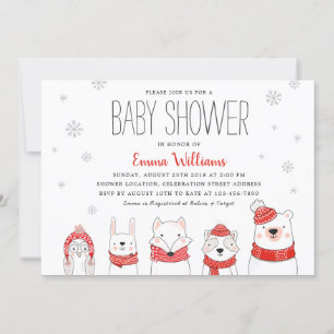 Red White Winter Snow Woodland Tiere Kinderdusche Einladung