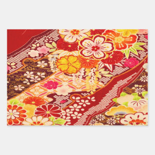 Red White Yellow Japanisch Kimono Floral Decoupage Geschenkpapier Set