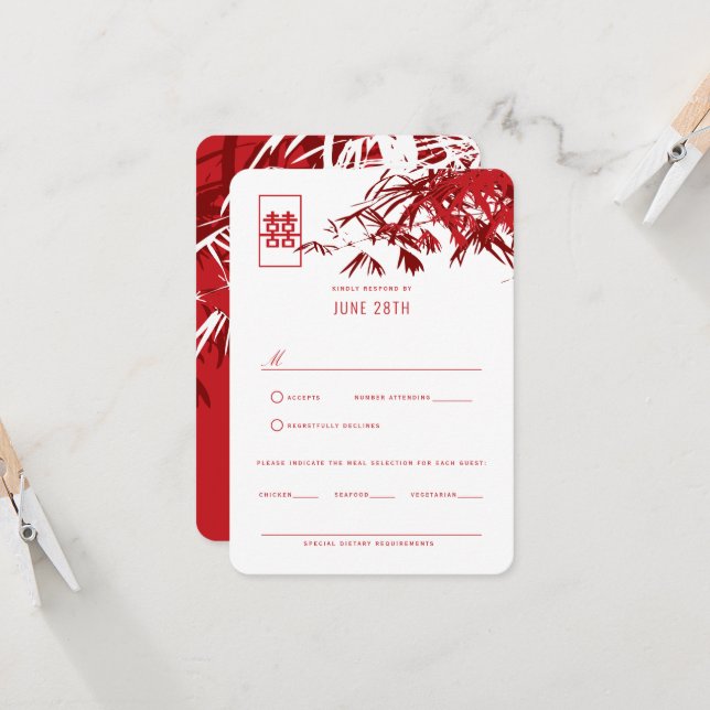 Red & White Zen Bamboo Blätter Chinesischer Hochze Einladung (Vorderseite/Rückseite Beispiel)