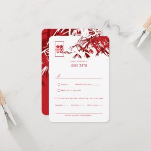 Red & White Zen Bamboo Blätter Chinesischer Hochze Einladung