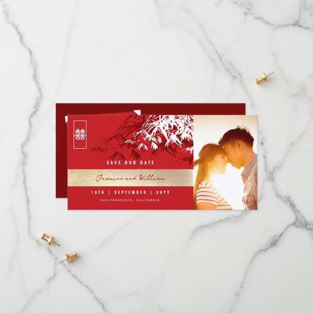 Red White Zen Bamboo Blätter Foto Chinesische Hoch Save The Date (Vorderseite/Rückseite Beispiel)