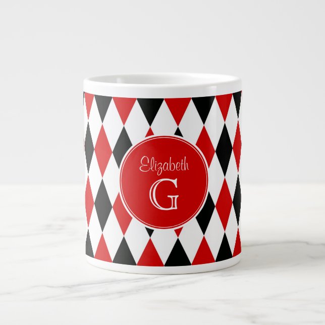Red Whk Harlequin Round Red Monogram #2 Jumbo-Tasse (Vorderseite)