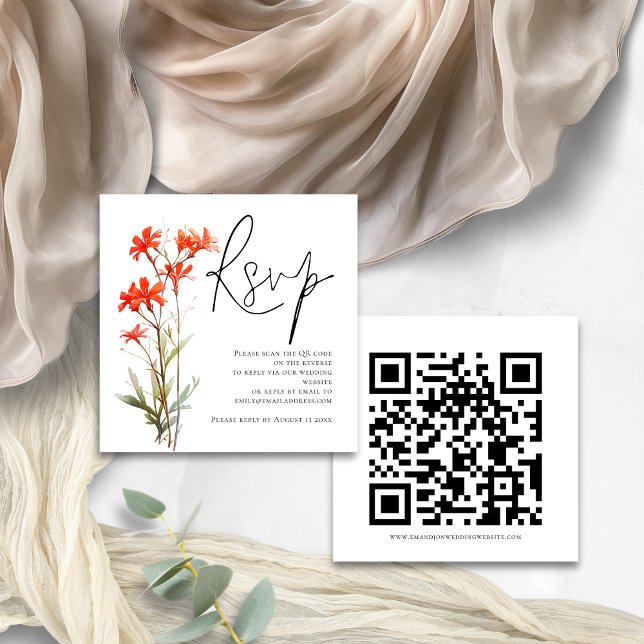 Red Wildblumen Script QR Code Wedding RSVP Begleitkarte (Front and back view)