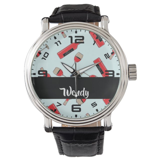 Red wine bottles and glasses pattern armbanduhr (Vorderseite)