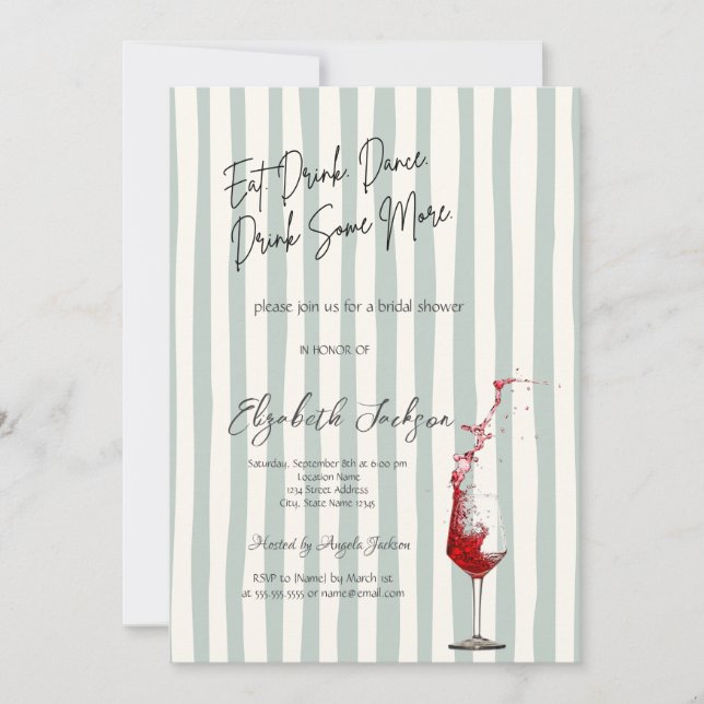 Red Wine Glass Green Stripes Bridal Shower Einladung (Vorderseite)