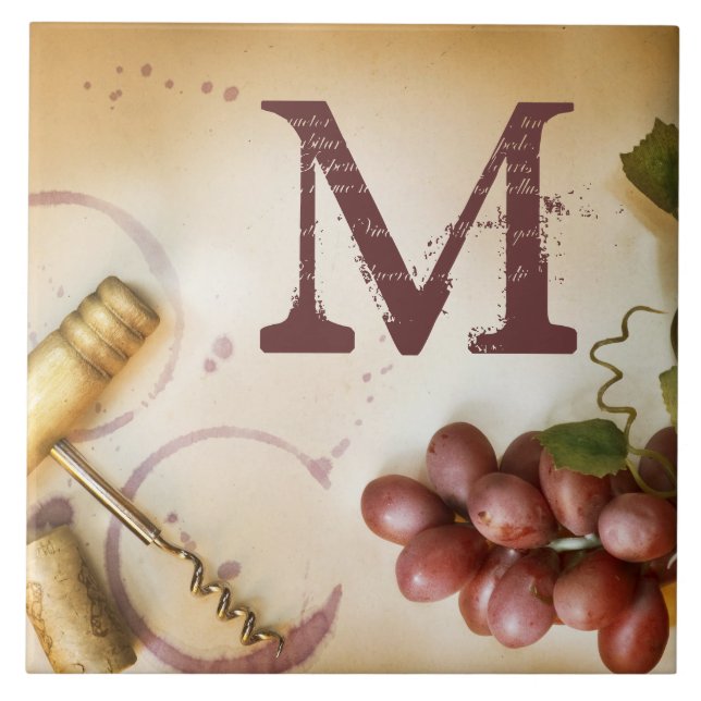 Red Wine Grapes Cork Screw Monogram Display Tile Fliese (Vorderseite)