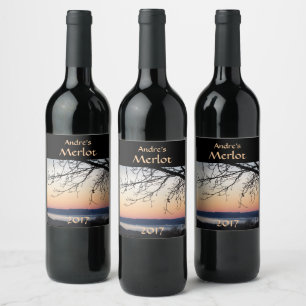 Red Wine Label Sunset Lake Weinetikett