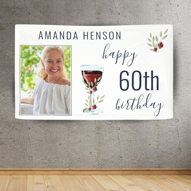 Red Wine Rose Watercolor Photo 60th Birthday  Banner (Von Creator hochgeladen)
