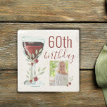 Red Wine Rose Watercolor Photo 60th Birthday  Steinuntersetzer<br><div class="desc">Rustic Red Wine Glass Rose Watercolor Photo 60th Birthday Stone Coaster. The design has watercolor red wine glass,  roses and twigs. The text is fully customizable - personalize it with your photo and age.</div>
