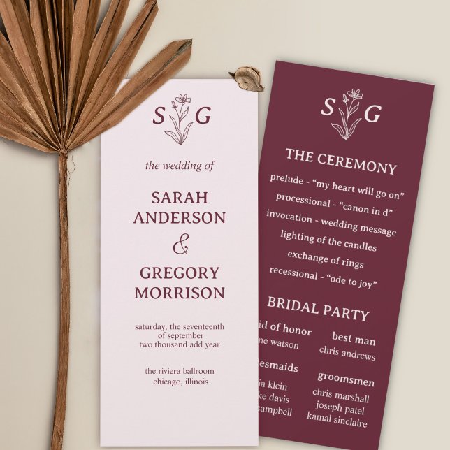 Red Wine Simple Boho Floral Wedding Programme (Créateur téléchargé)