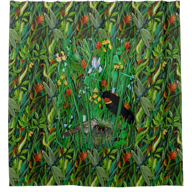 "Red Wing Blackbird & Dragonfly" Duschvorhang (Vorderseite)