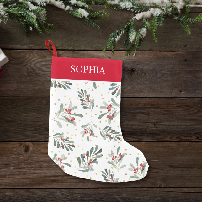 Red Winter Botanical Festive Gold Dots Individuell Kleiner Weihnachtsstrumpf (Von Creator hochgeladen)