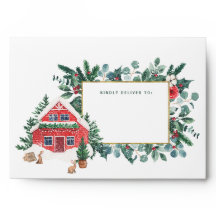 Red Winter Cabin the Snow Envelope