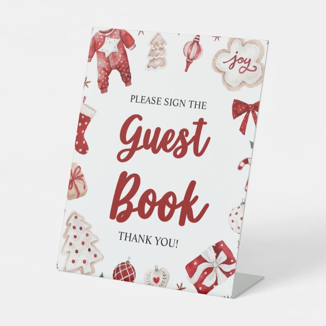 Red Winter Christmas Gästebuch Babydusche Schild (Vorderseite)
