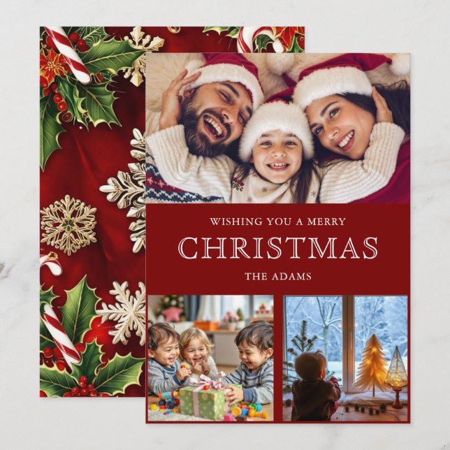 Red Winter Christmas Photo Collage Carte de vacanc (Devant / Derrière)