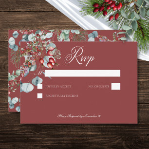 Red Winter Pine Berries Eucalyptus Wedding RSVP Karte