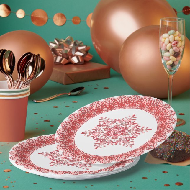Red Winter Snowflake Lace Edge Pappteller (Multi)