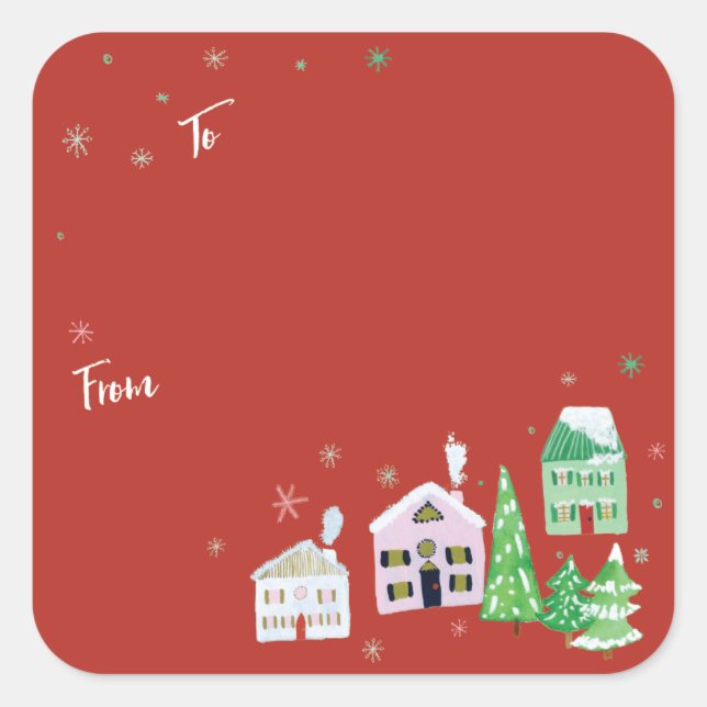 Red Winter Village zu Fuß vom Gift Wrap Quadratischer Aufkleber (Vorderseite)
