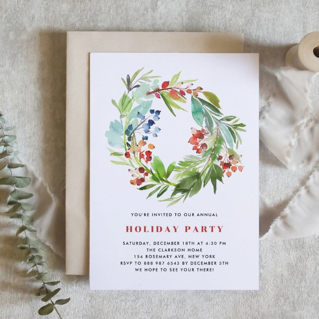 Red Winterberry und Juniper Wreath Holiday Party Einladung (Von Creator hochgeladen)