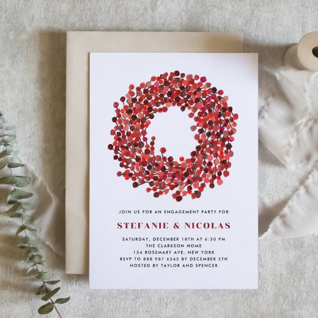 Red Winterberry Wreath Weihnachtsbachtveranstaltun Einladung (Engagement party invitation featuring watercolor winterberry wreath. Perfect for Christmas events.)