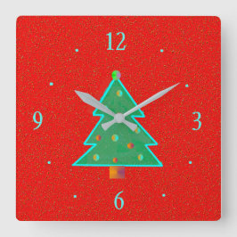 Red with Aqua Green Tree > Christmas Clocks Quadratische Wanduhr