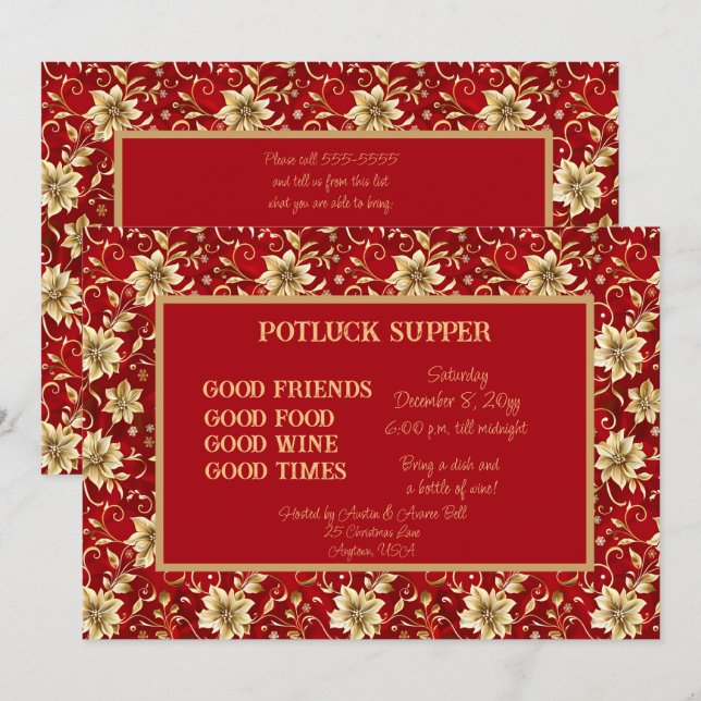 Red with Gold Poinsettia Christmas POT LUCK Supper Einladung (Vorne/Hinten)
