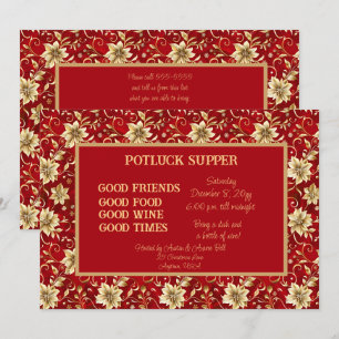 Red with Gold Poinsettia Christmas POT LUCK Supper Einladung