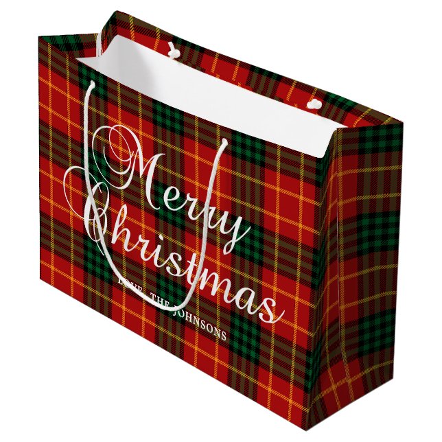 Red with Green and Gold Christmas Plaid Große Geschenktüte (Vorderseite Schrägansicht)