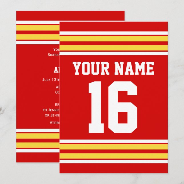 Red with Yellow White Stripes Team Jersey Einladung (Vorne/Hinten)