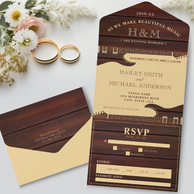 Red Wood & Tan Brown Gitarre Wedding All In One Einladung (Red Wood & Tan Brown Guitar Wedding All In One Invitation)