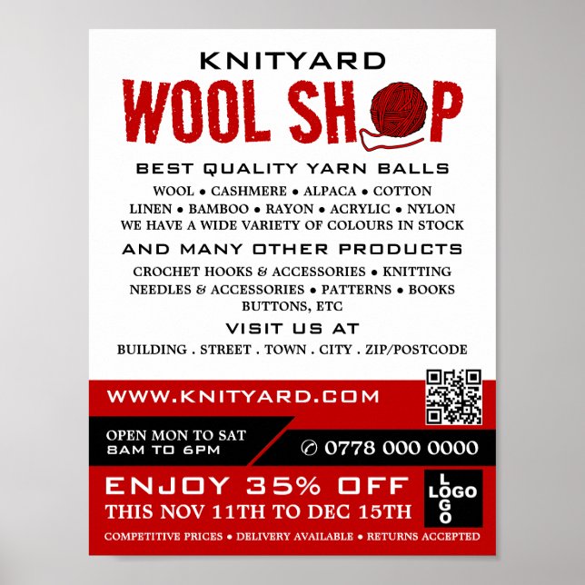 Red Wool Shop Logo, Knitting Store, Yarn Store Poster (Vorne)