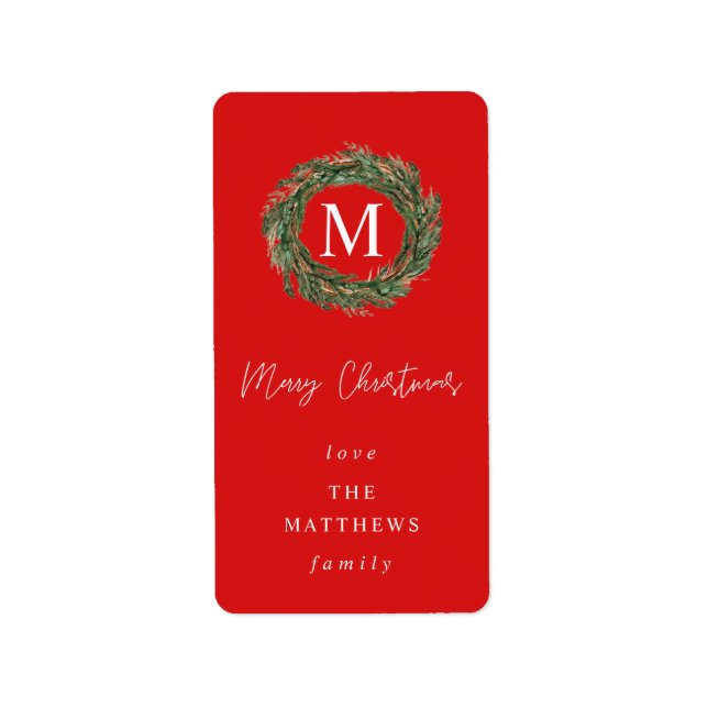 Red & Wreath Monogram Frohe Weihnachtsmarke Adressaufkleber (Vorne)