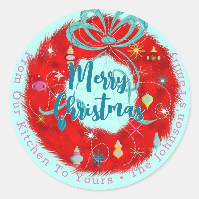 Red Wreath Retro Christmas Runder Aufkleber (Vorderseite)