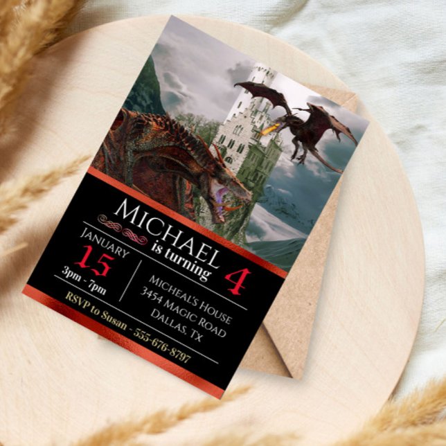 Red Wyvern Dragon Mittelalterliches Schloss Metall Einladung (Von Creator hochgeladen)