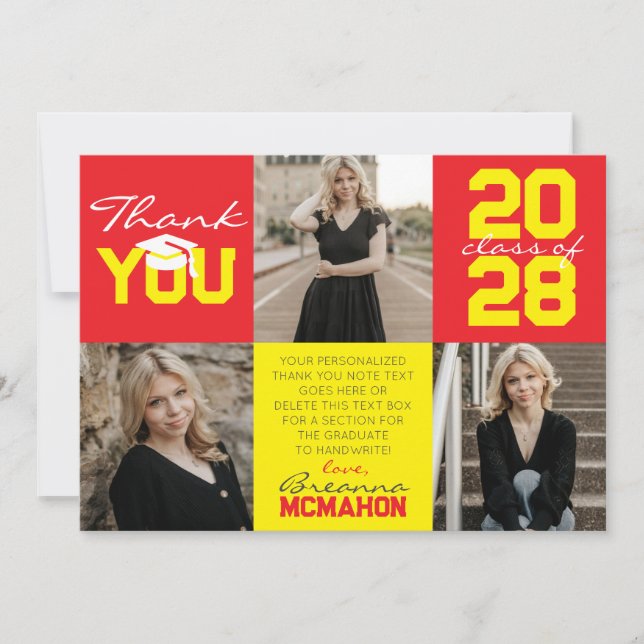 Red & Yellow 3 Foto Abschluss Vielen Dank Einladung (Vorderseite)