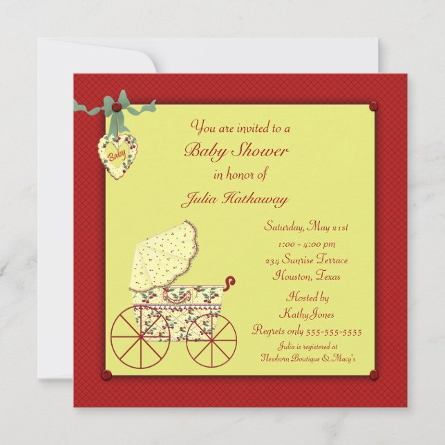 Red Yellow Baby Buggy Baby Dusche Einladung (Vorderseite)