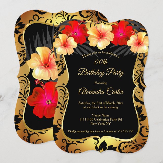 Red Yellow Black Damask Hibiskus Geburtstag Einladung (Vorne/Hinten)