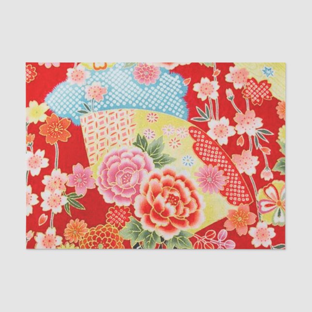 Red Yellow Blue Japanisch Kimono Blumendekoupage Seidenpapier (Vorderseite)