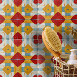 Red Yellow Blue Textured Geometric Muster Fliese<br><div class="desc">Diese Keramik Kachel zeigt ein lebendiges und symmetrisches Design. Das Muster besteht aus fett roten Diamanten in der Mitte, umgeben von gelben Diamantformen mit zentralen Ausschnitten. Diese Formen bilden einen auffallenden Kontrast zueinander. Blaue Streifen kreuzen sich im rechten Winkel um die gelben Diamanten, sie werden elegant eingerahmt. Der Hintergrund hat...</div>