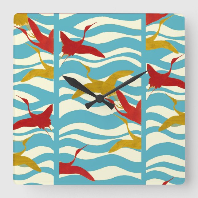 RED YELLOW FLYING CRANES ON WHITE BLUE SEA WAVES QUADRATISCHE WANDUHR (Vorderseite)