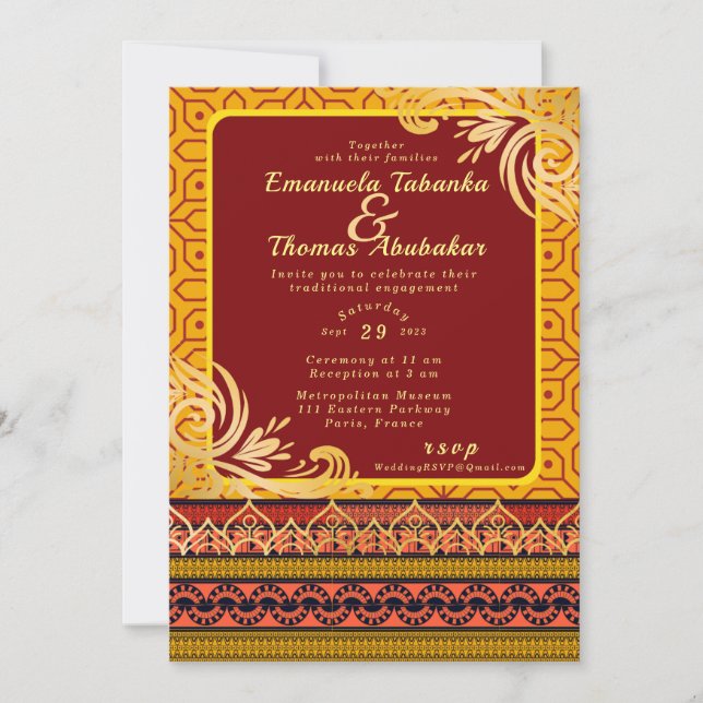 Red & Yellow Kente Wedding Invitation Gold Designs Einladung (Vorderseite)
