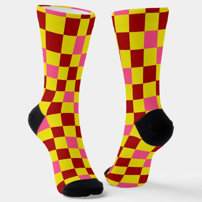 Red Yellow Pink Checkered Pattern Design  Socken (Gewinkelt)
